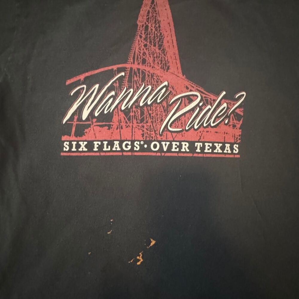 Vintage Six Flags Over Texas Wanna Ride Roller Coaster Tee XL Faded Black Y2K
